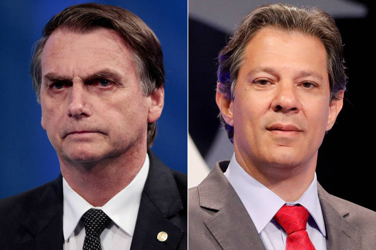 Os lÃderes da corrida eleitoral, segundo o Datafolha, Jair Bolsonaro (esq.) e Fernando Haddad
