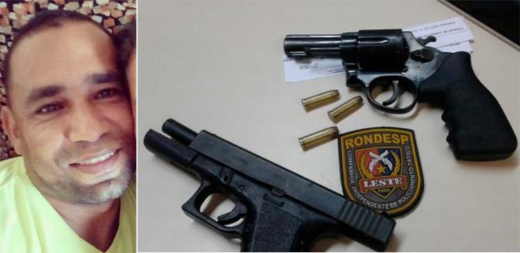 Elton Messias da Cruz e as armas usadas no assalto e na troca de tiros com policiais