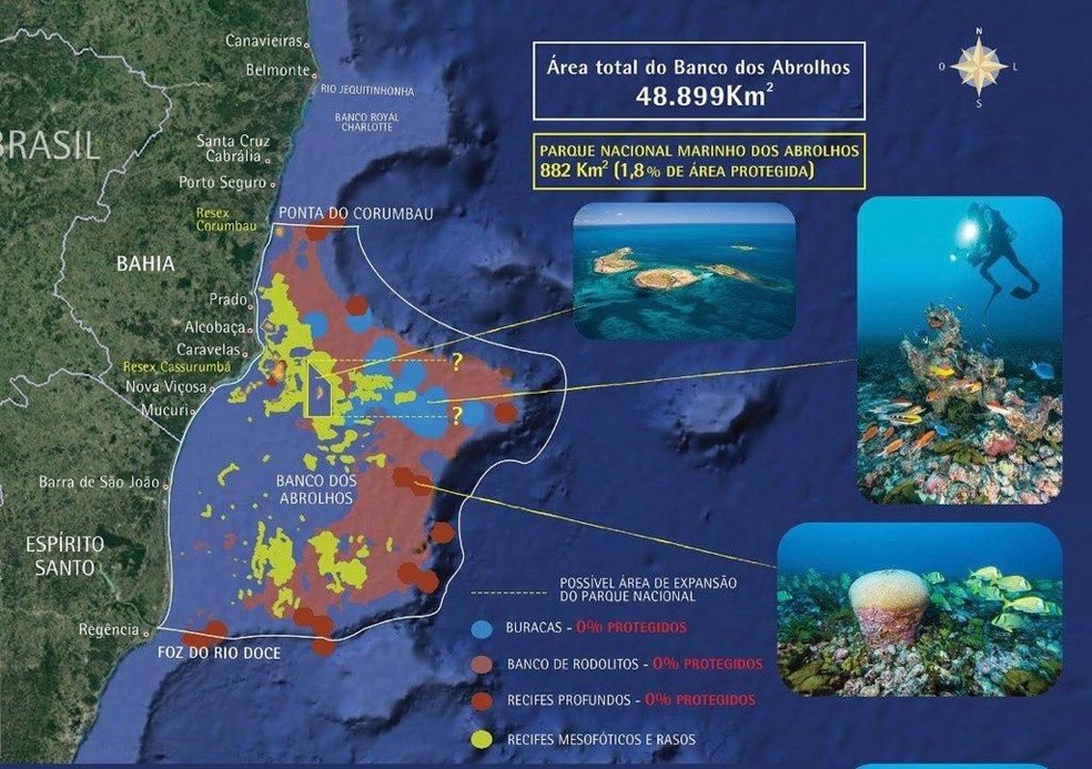 Banco de Abrolhos tem área total de 48.899 km² — Foto: Instituto Baleia Jubarte Banco de Abrolhos tem área total de 48.899 km² — Foto: Instituto Baleia Jubarte