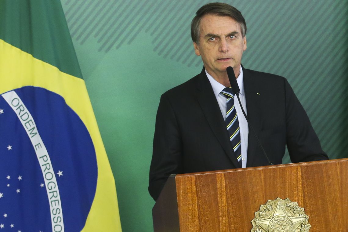 O presidente Jair Bolsonaro durante encontro com o autoproclamado presidente interino da Venezuela, Juan Guaidó, no Palácio do Planalto