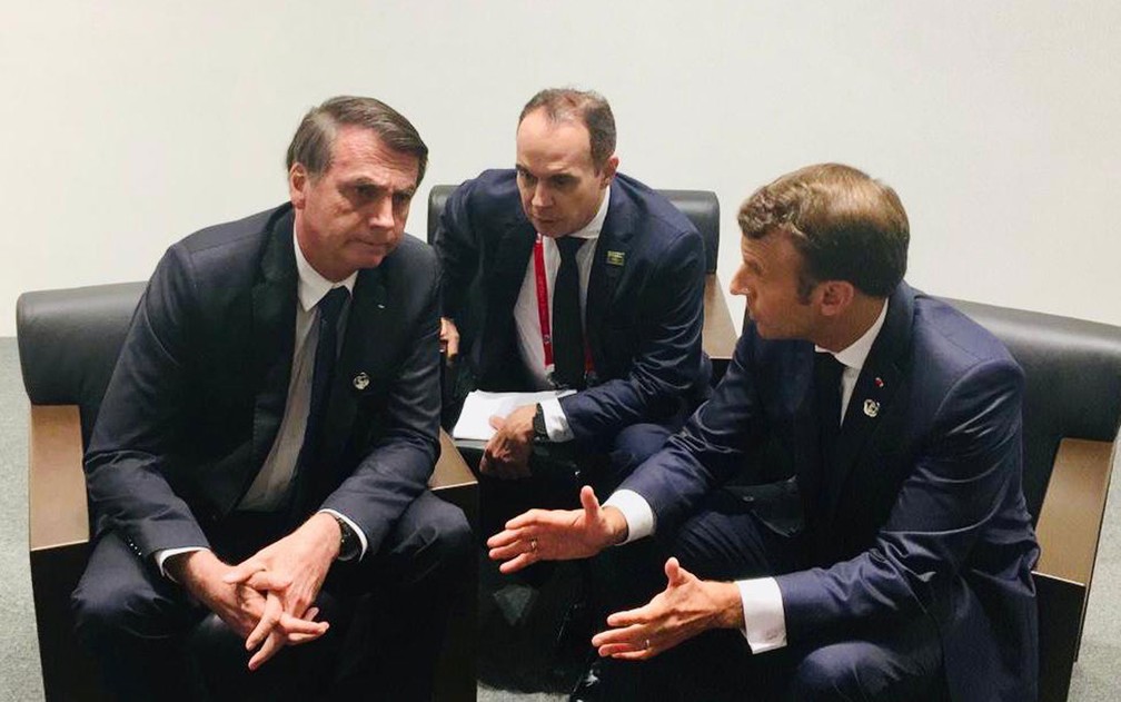 Encontro entre o presidente Jair Bolsonaro e o presidente francês Emmanuel Macron â?? Foto: TV Globo
