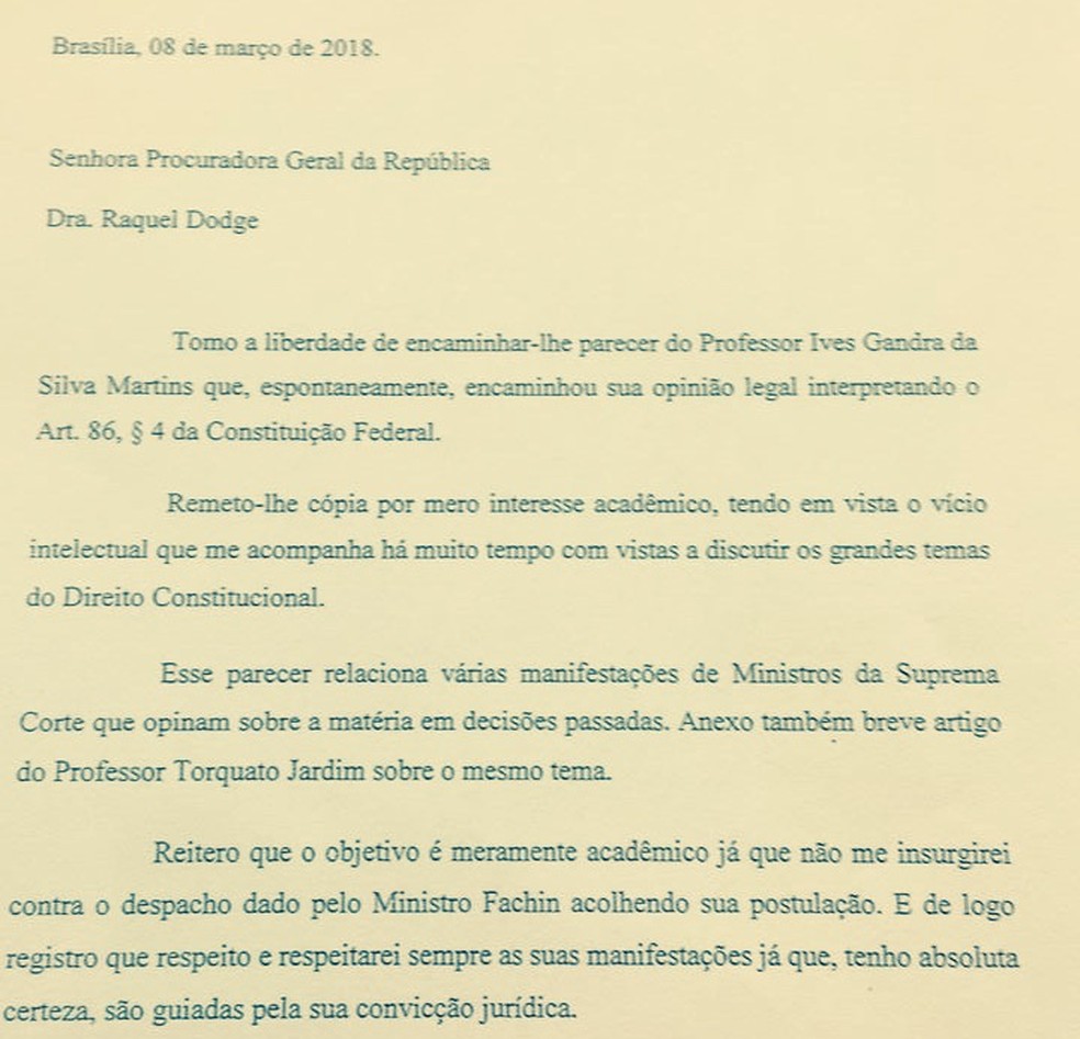 Carta do presidente Michel Temer à procuradora-geral Raquel Dodge (Foto: Reprodução)
