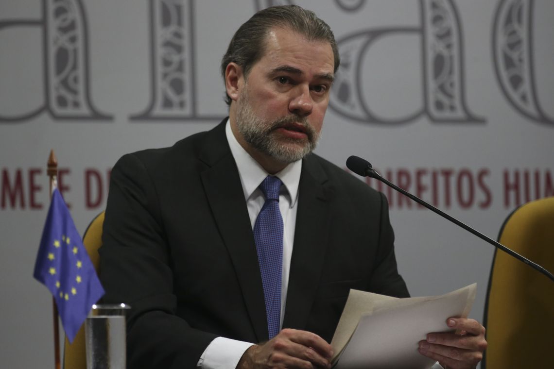 O presidente do Supremo Tribunal Federal, Dias Toffoli, durante assinatura do acordo de cooperação para implementar o formulário de avaliação de risco para a prevenção e o enfrentamento de crimes de violência doméstica e familiar contra a mulher