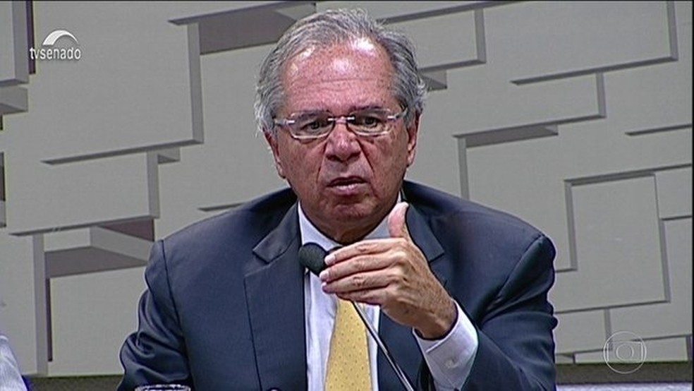 O ministro Paulo Guedes ao falar sobre reforma da Previdência em audiência no Senado nesta quarta-feira (27) â?? Foto: Reprodução/JN