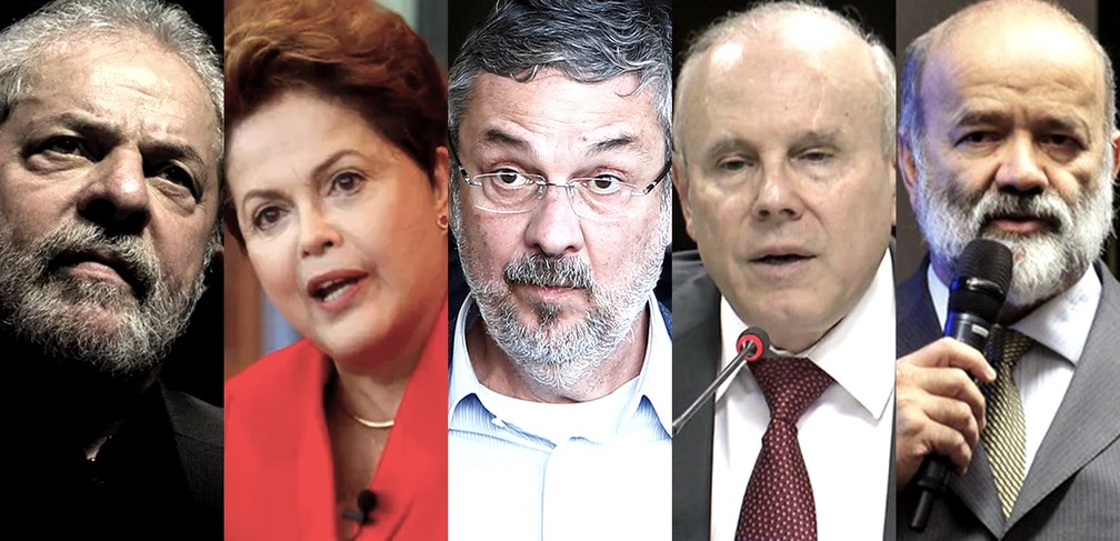 Da esq. para a dir.: os ex-presidentes Luiz Inácio Lula da Silva e Dilma Rousseff; os ex-ministros Antonio Palocci e Guido Mantega; e o ex-tesoureiro do PT João Vaccari Neto — Foto: Reprodução/TV Globo; André Coelho/Agência O Globo; Rodolfo Buhrer/Reuters; Reprodução/GloboNews; Luis Macedo/Câmara dos Deputados