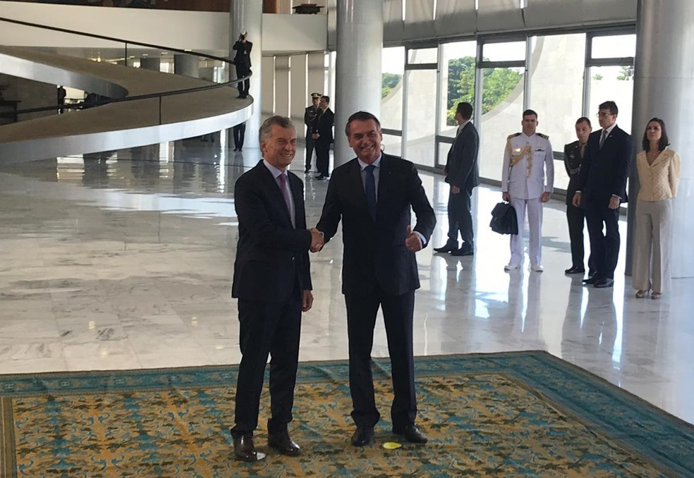 O presidente da Argentina, Mauricio Macri, e presidente Jair Bolsonaro, no Palácio do Planalto, nesta quarta-feira (16) â?? Foto: Guilherme Mazui/G1