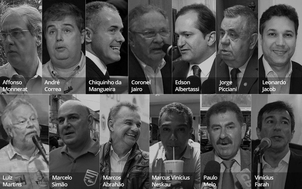 Alguns dos alvos da Operação Furna da Onça, da esquerda para a direita, começando na fileira de cima: Affonso Monnerat, André Correa, Chiquinho da M â?? Foto: Reprodução/TV Globo e Editoria de Arte/G1