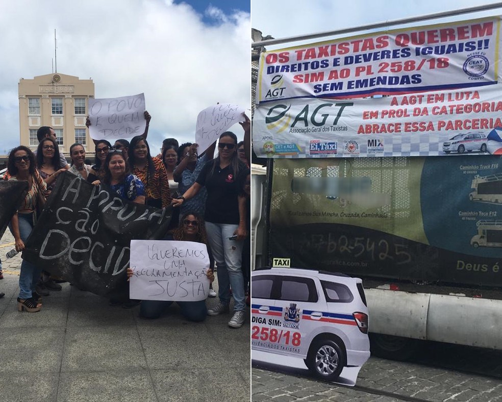 Taxistas e motoristas do transporte por app protestam em frente Ã  CÃ¢mara dos Vereadores â?? Foto: Gabrielle Gomes/G1 Bahia