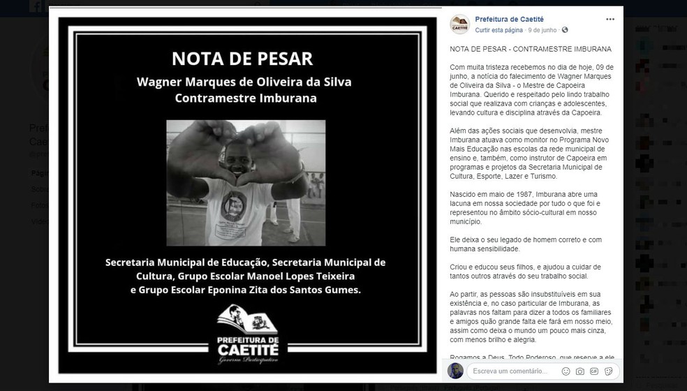A prefeitura da cidade utilizou as redes sociais para lamentar a morte do homem. â?? Foto: Reprodução / Redes Sociais