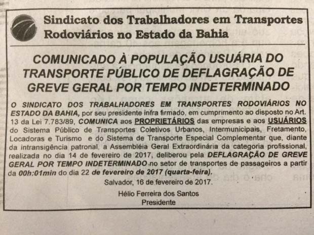 Sindicato dos rodoviários anunciam greve para o dia 22 de fevereiro (Foto: Reprodução)