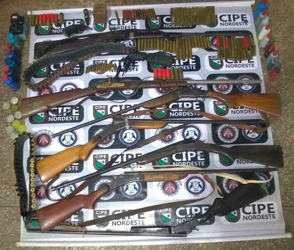PolÃ­cia prende duas pessoas e apreende 7 espingardas â?? Foto: DivulgaÃ§Ã£o/PolÃ­cia Militar
