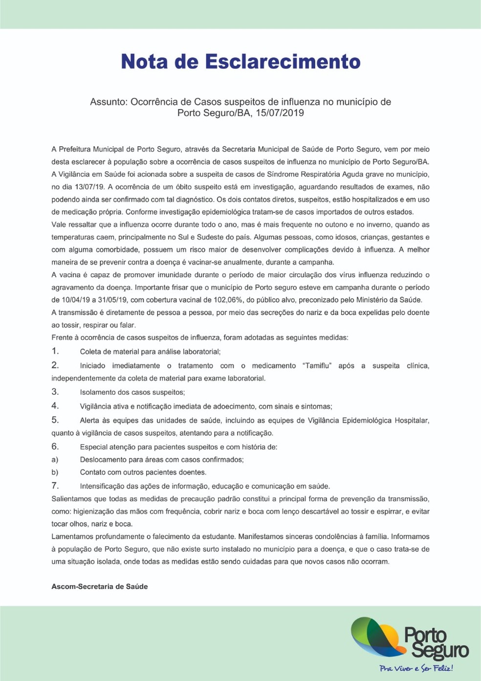 Secretaria de Saúde de Porto seguro divulgou nota sobre caso suspeito de H1N1 â?? Foto: Divulgação/Prefeitura de Porto Seguro