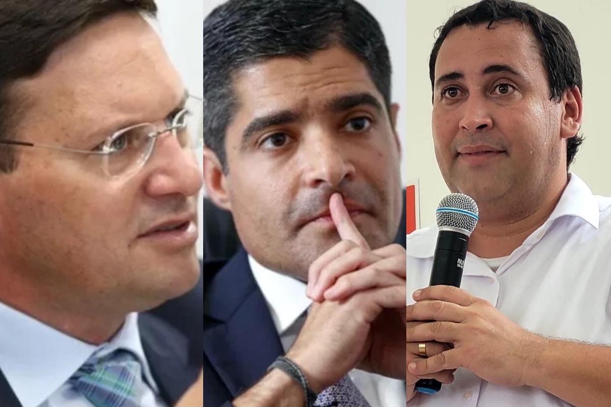 O presidente do PL na Bahia, João Roma; o ex-prefeito de Salvador, ACM Neto; e o presidente do PT baiano, Éden Valadares