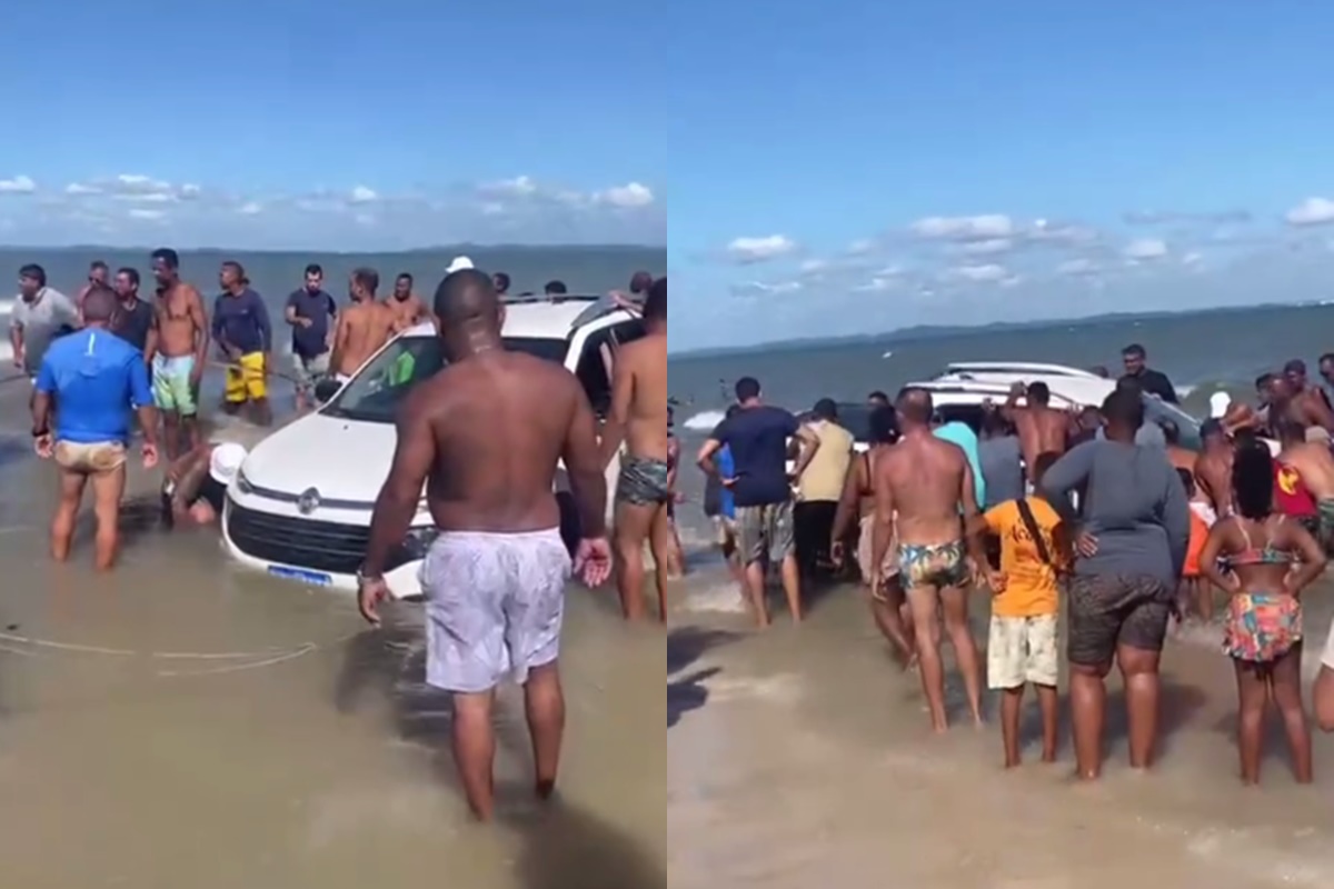 Carro ficou atolado na Praia de Cabuçu neste sábado (16)