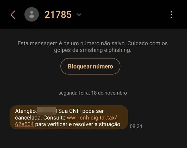 Tentativa de golpe via SMS com falsa comunicação de CNH em processo de suspensão